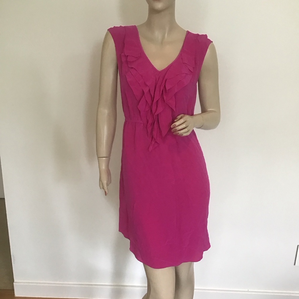 Rebecca Taylor Hot Pink 100% Silk Ruffle Front Sleeveless V Neck Mini‎ Dress 4